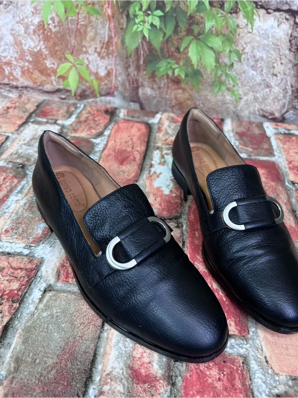 CORSO COMO Black Leather Quiet Luxury Minimalist Loafers with Silver Buckle, 7.5_10